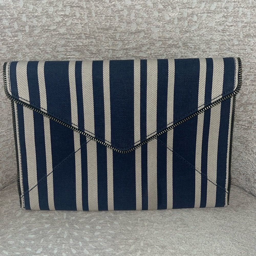 NWT Rebecca Minkoff denim canvas envelope clutch with zipper edge detail.